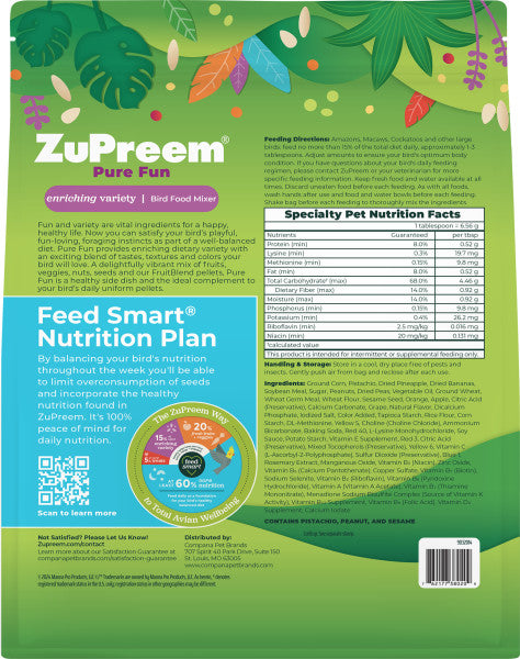 ZuPreem Pure Fun Bird Food for Large Birds - Macaws, Amazons, Cockatoos 2lb