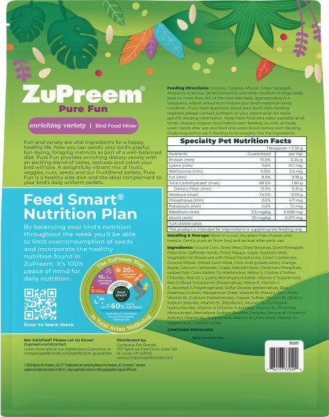 ZuPreem Pure Fun Bird Food for Parrots & Conures - African Greys, Conures, Amazons, Cockatoos 2lb