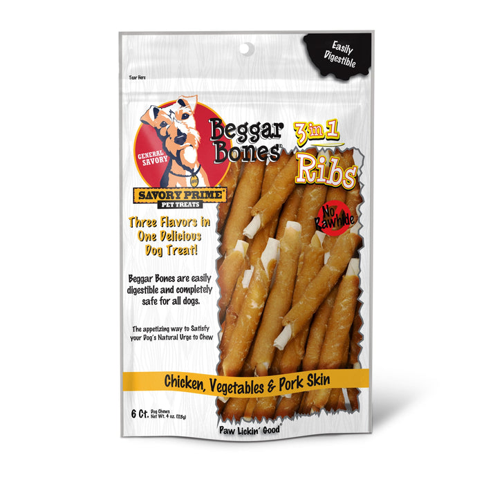 Savory Prime Beggar Bone 3in1 Ribs Dog Treat Chicken, Vegetable & Pork 6ct