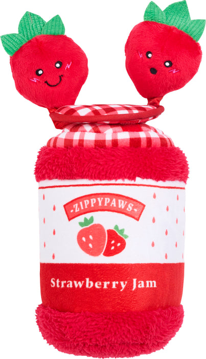 ZippyPaws Bungee Burrow-Strawberry Jam Jar Squeaker Plush Dog Toy