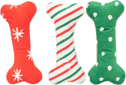 ZippyPaws Holiday Patterned Bones Squeaky Dog Toy, Medium (3 Pack)
