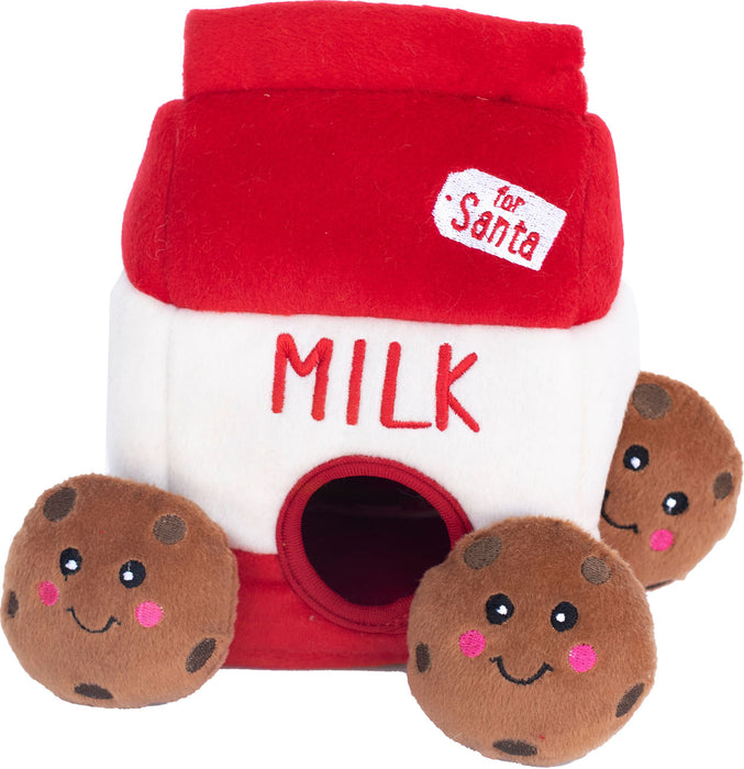 ZippyPaws Holiday Burrow Milk N' Cookies Interactive Dog Toy, Red and White (Medium)