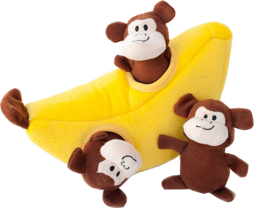 ZippyPaws Burrow Monkey 'N Banana Hide & Seek Dog Toy, Brown and Yellow (Medium)