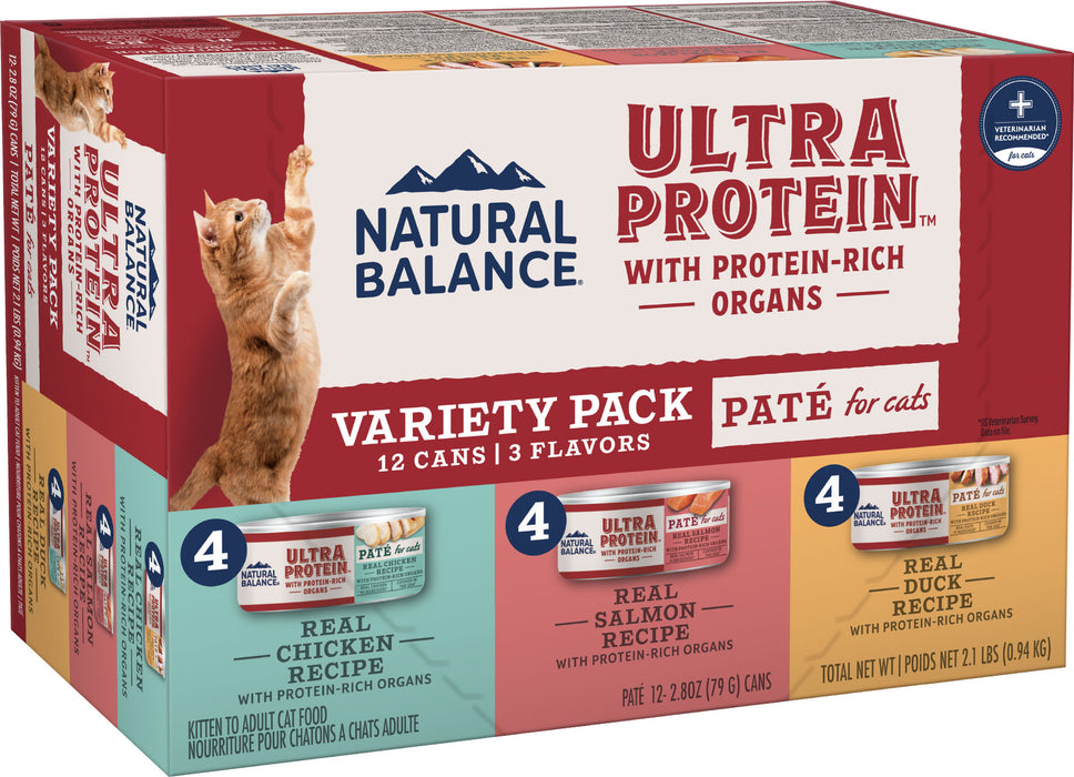 Natural Balance Ultra Protein Wet Cat Food Variety Pack, Chicken, Duck & Salmon, 2.8 oz, 12-Pack