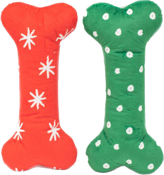 ZippyPaws Holiday Patterned Bones Squeaky Dog Toy, Red and Green and White Large (2 Pack)