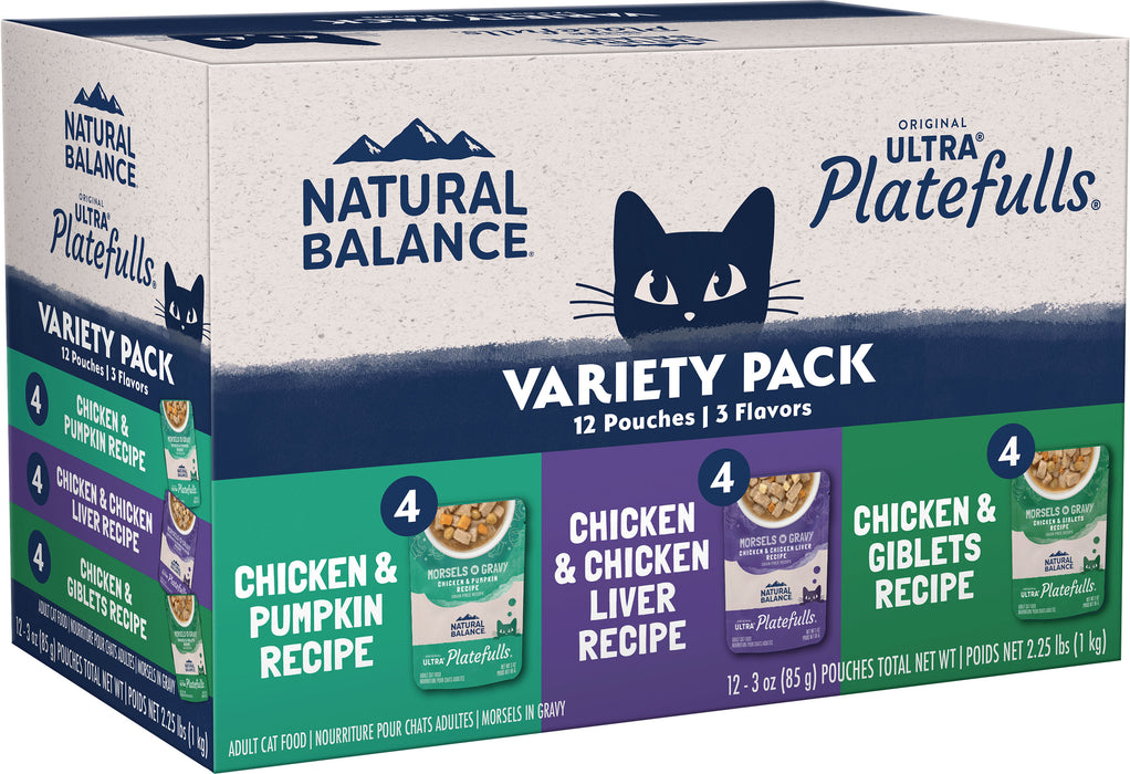 Natural Balance Original Ultra Platefulls Chicken Morsels in Gravy Wet Cat Food Variety Pack, 3 oz, 12-Pack