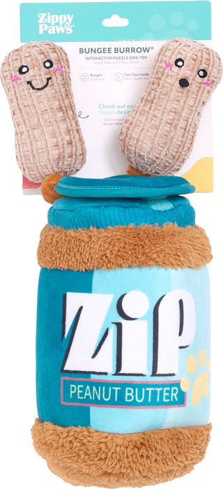 ZippyPaws Bungee Burrow-Peanut Butter Jar Squeaker Plush Dog Toy