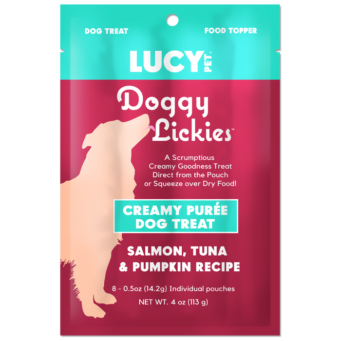 Lucy Pet Products Doggy Lickies Creamy Puree Dog Treat Salmon, Tuna & Pumpkin 4oz (Pack of 17)