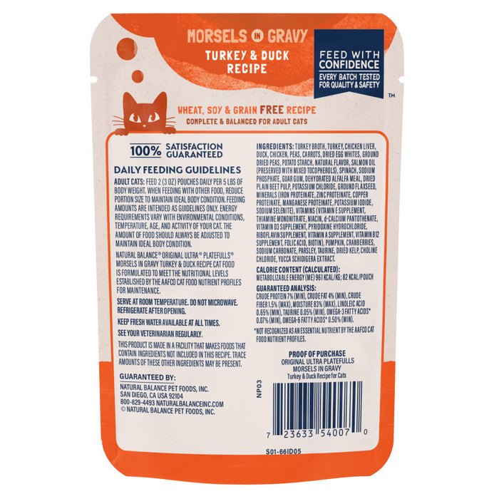 Natural Balance Pet Foods Original Ultra Platefulls Morsels in Gravy Wet Cat Food Pouch Turkey & Duck 3oz (Pack of 24)