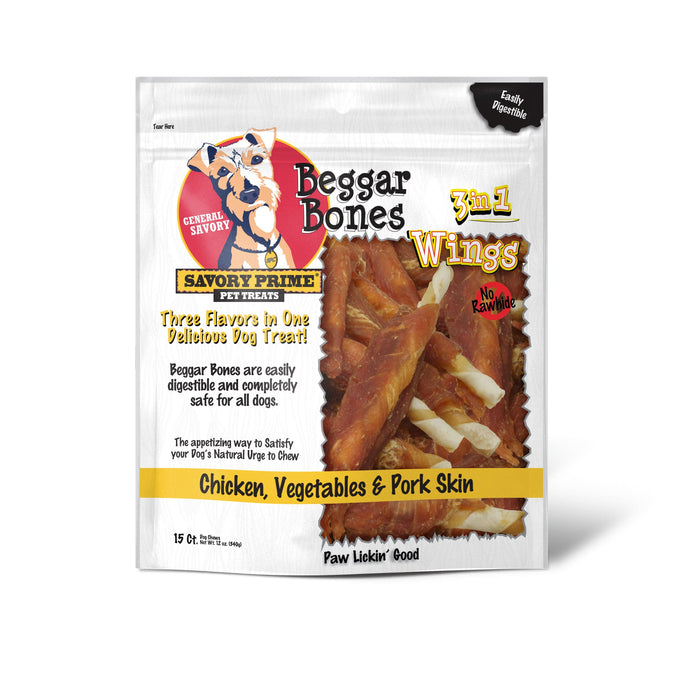 Savory Prime Beggar Bone 3in1 Wings Dog Treat Chicken, Vegetable & Pork 15ct