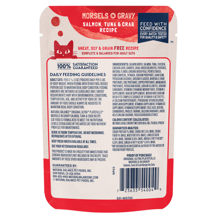 Natural Balance Pet Foods Original Ultra Platefulls Morsels in Gravy Wet Cat Food Pouch Salmon, Tuna, & Crab 3oz (Pack of 24)