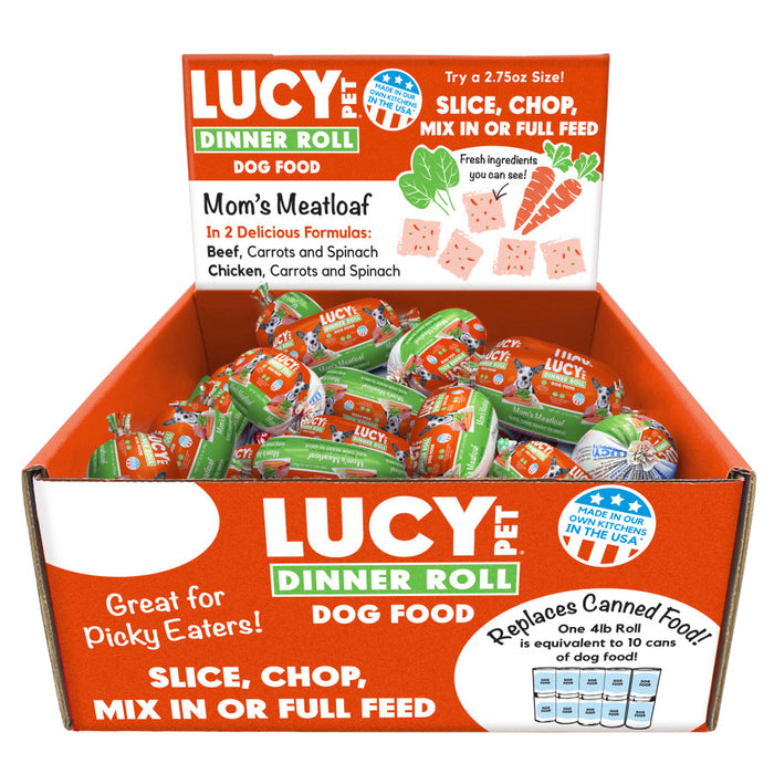 Lucy Pet Products Mom's Meatloaf Dinner Roll Display Beef, Carrots & Spinach 36ct 2.75oz (Pack of 36)