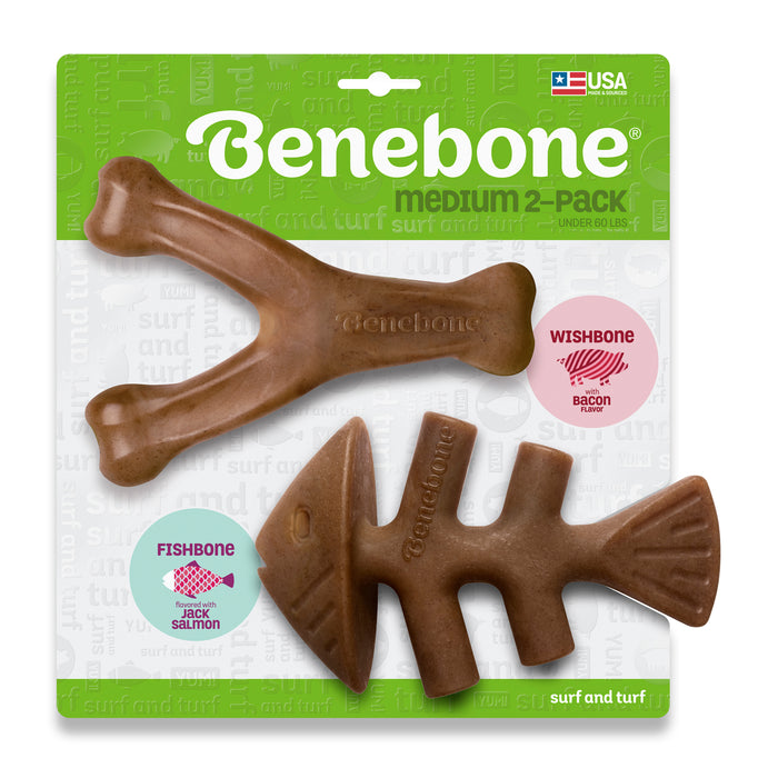 Benebone 2-Pack Fishbone & Wishbone Dog Chew Toy Bacon MD|20 PK