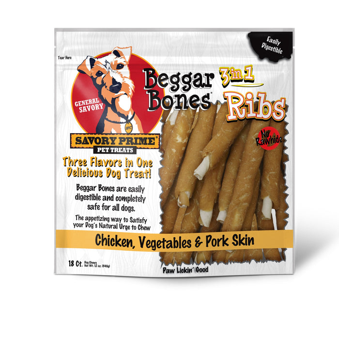 Savory Prime Beggar Bone 3in1 Ribs Dog Treat Chicken, Vegetable & Pork 18ct