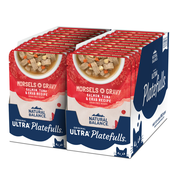 Natural Balance Pet Foods Original Ultra Platefulls Morsels in Gravy Wet Cat Food Pouch Salmon, Tuna, & Crab 3oz (Pack of 24)