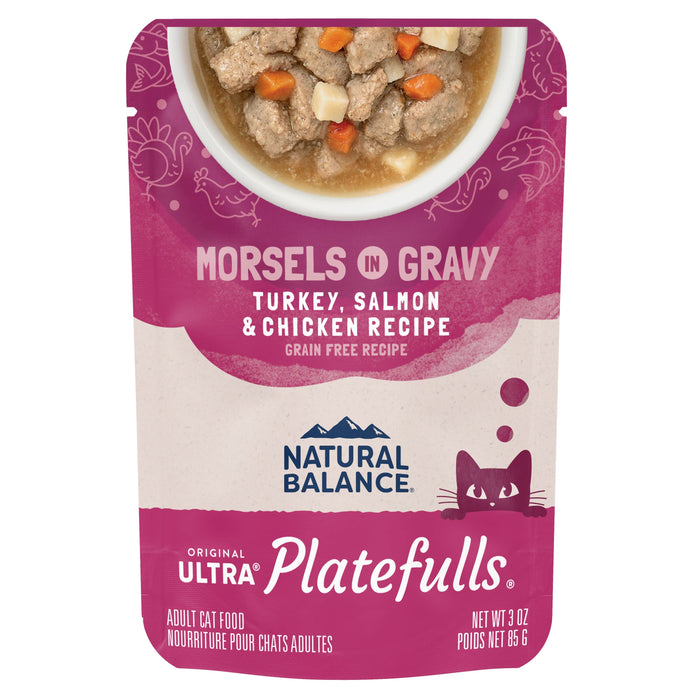 Natural Balance Pet Foods Original Ultra Platefulls Morsels in Gravy Wet Cat Food Pouch Turkey, Salmon & Chicken 3oz