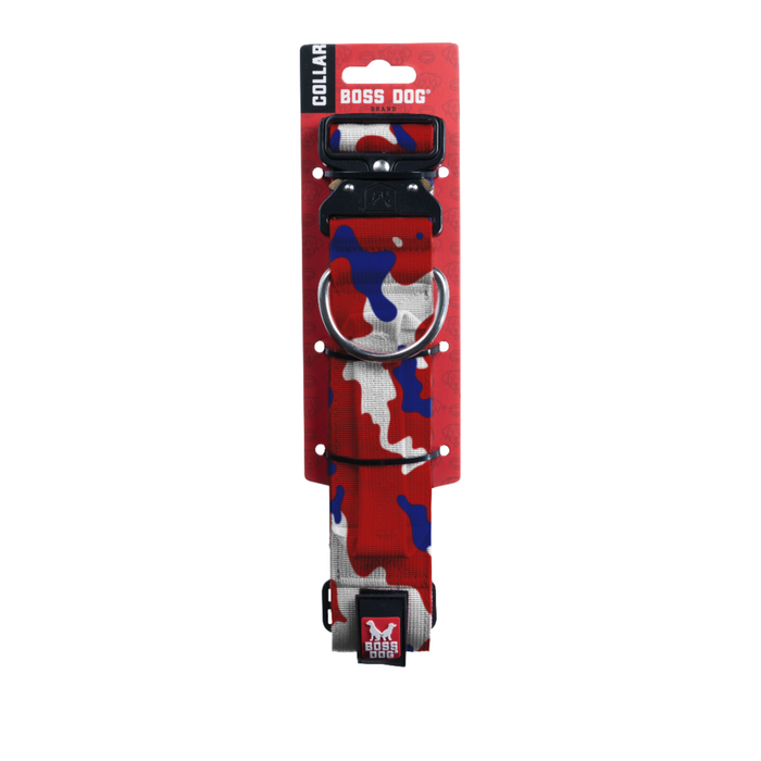 Boss Dog Tactical Adjustable Dog Collar Red, White, & Blue MD 15-18in