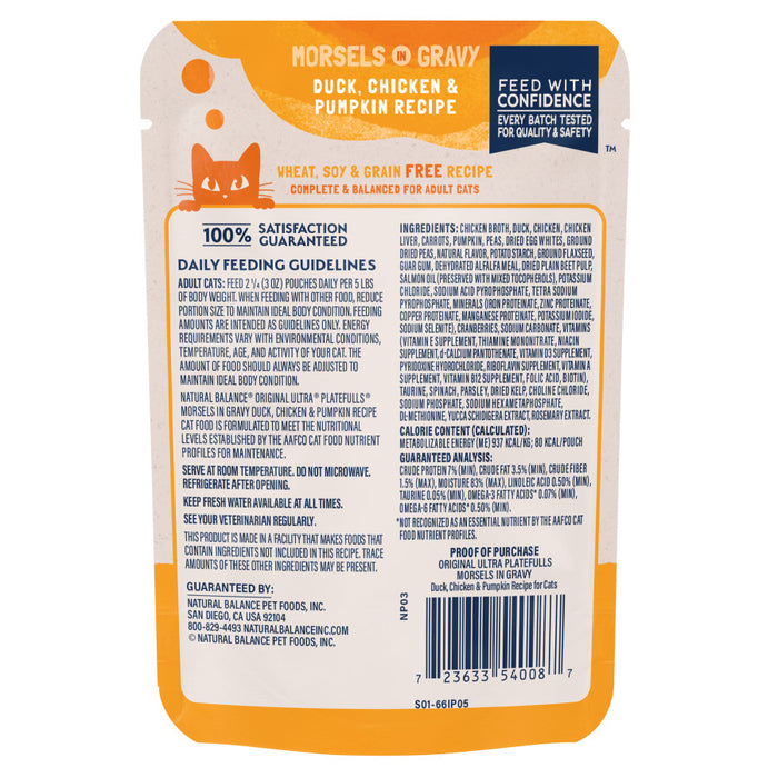 Natural Balance Pet Foods Original Ultra Platefulls Morsels in Gravy Wet Cat Food Pouch Duck, Chicken, & Pumpkin 3oz (Pack of 24)