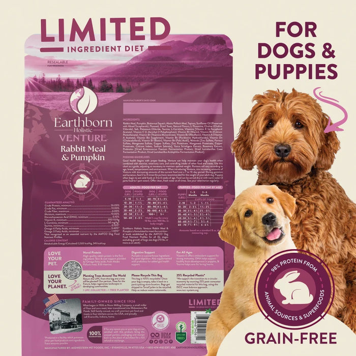 Earthborn Holistic Venture Limited Ingredient Diet Grain-Free Dry Dog Food Rabbit Meal & Pumpkin 25lb