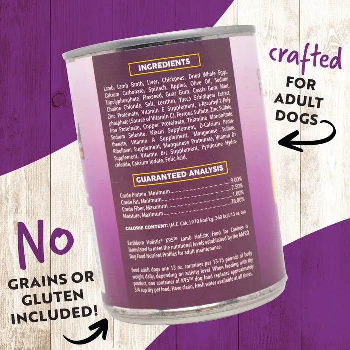 Earthborn Holistic Grain Free K95 Meat Protein Wet Dog Food Lamb 13oz (Pack of 12)