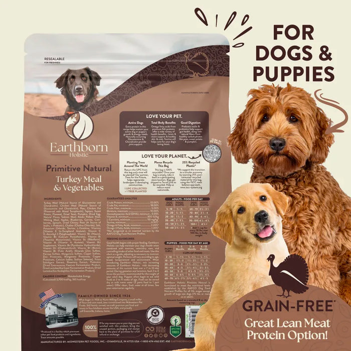 Earthborn Holistic Primitive Natural Grain-Free Dry Dog Food Turkey Meal & Vegetables 25lb