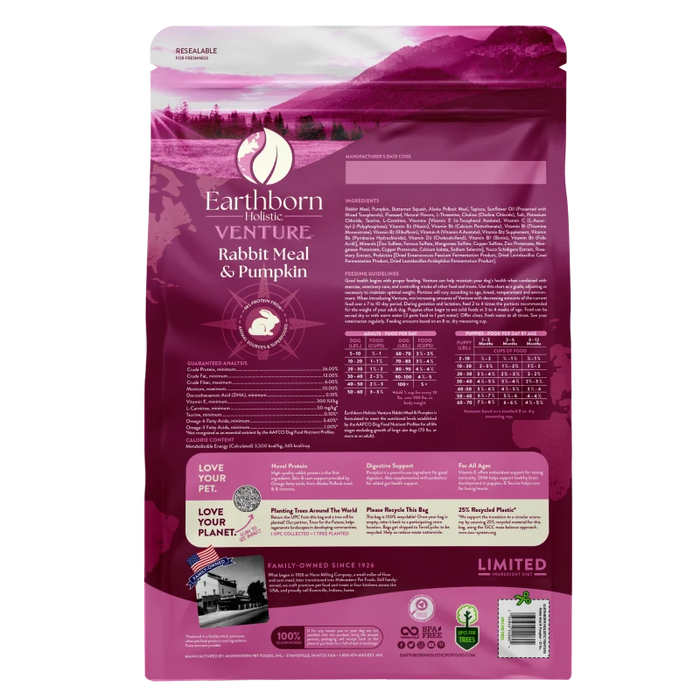 Earthborn Holistic Venture Limited Ingredient Diet Grain-Free Dry Dog Food Rabbit Meal & Pumpkin 25lb