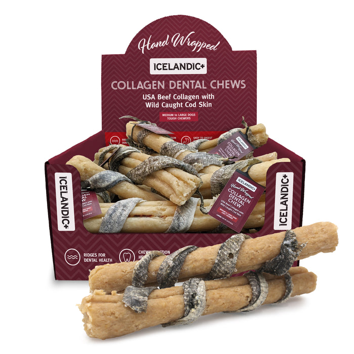 Icelandic+ Beef Collagen Dental Dog Chew w/Wrapped Fish Display 8in/18pc - Image 2