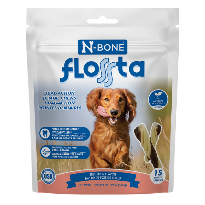 N-Bone Flossta Dual Action Dog Dental Chew Beef Liver 15ct 12oz