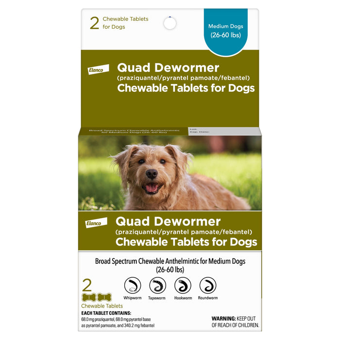 Elanco Chewable Quad Dewormer for Dogs 2 tablets MD Dogs (26-60 lbs)