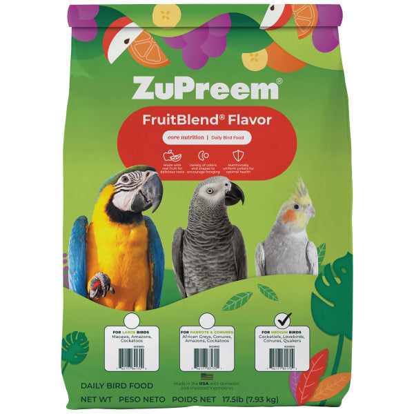 ZuPreem FruitBlend Bird Food Medium Birds for Cockatiels, Lovebirds, Conures, Quakers 17.5lb