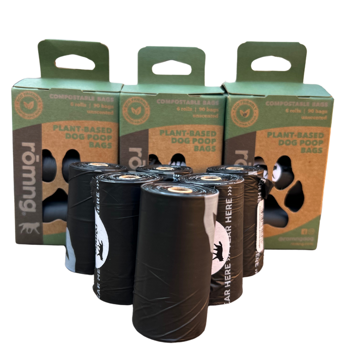 Rōmng compostable plant-based dog poop bags