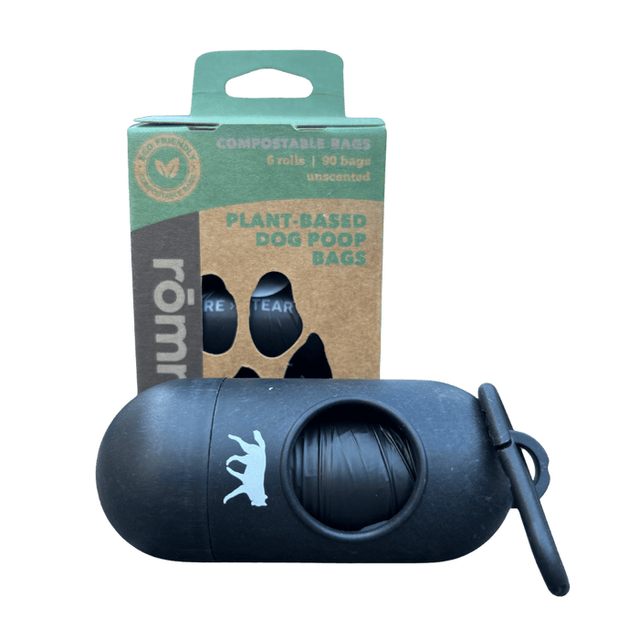 Rōmng compostable plant-based dog poop bags + bamboo dispenser