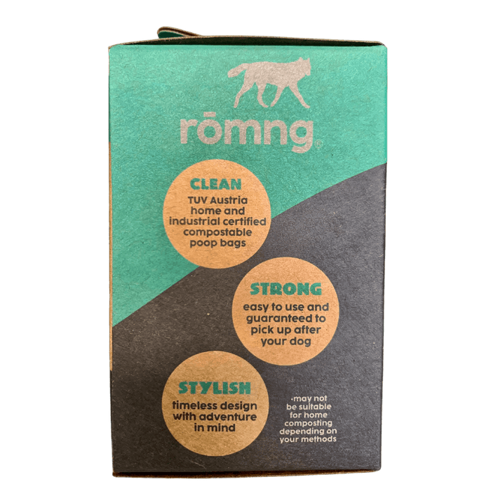 Rōmng compostable plant-based dog poop bags + bamboo dispenser