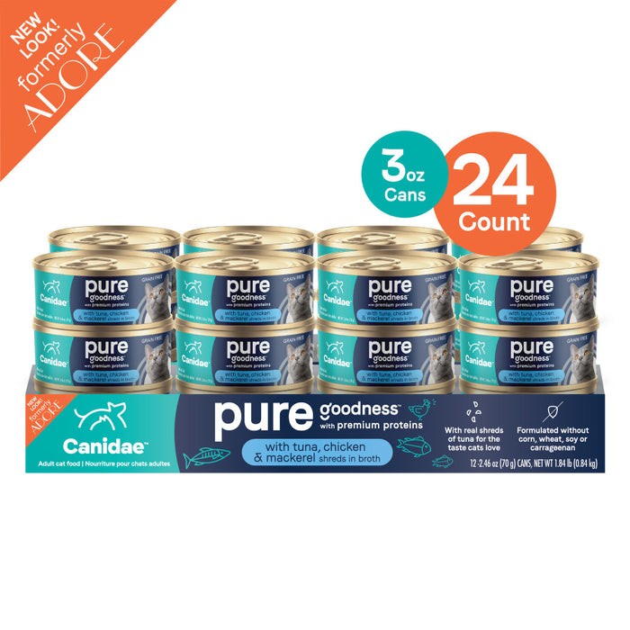 CANIDAE PURE Goodness Canned Cat Food Tuna, Chicken & Mackerel in Broth 2.46oz| 24 Pk