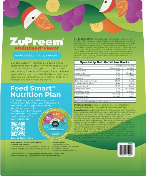 ZuPreem FruitBlend Bird Food Small Birds - Parakeets (Budgies), Parrotlets 2lb