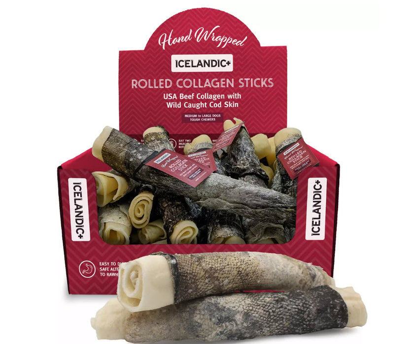 Icelandic+ Beef Rolled Collagen Stick Dog Treat w/Wrapped Fish Display 8in 18pc - Image 2
