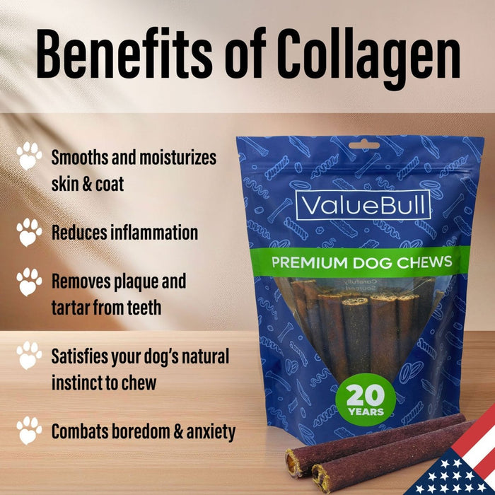 Value Pet Supplies ValueBull USA Collagen Sticks for Dogs, 6 Inch Thick Chews, Natural Long-Lasting Dog Treats, 25 Count