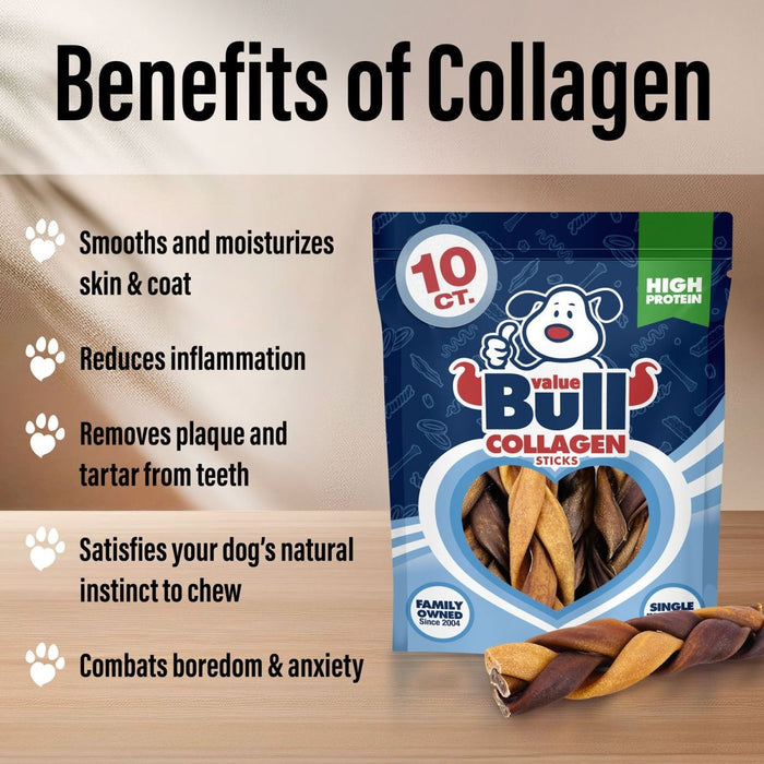 Value Pet Supplies ValueBull Collagen Braided Sticks for Dogs, 6 Inch Thick Chews, Natural Long-Lasting Dog Treats, 10 Count