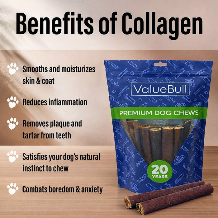 Value Pet Supplies ValueBull Buffalo Collagen Sticks for Dogs, 6 Inch Thick Chews, Natural Long-Lasting Dog Treats, 25 Count