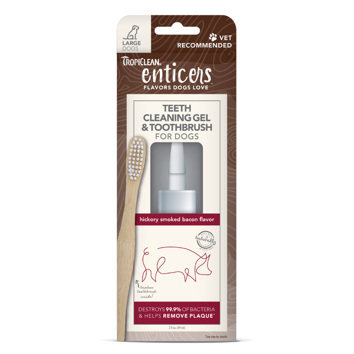 TropiClean Enticers Teeth Cleaning Gel & Toothbrush for Dogs Hickory Smoked Bacon 2oz LG