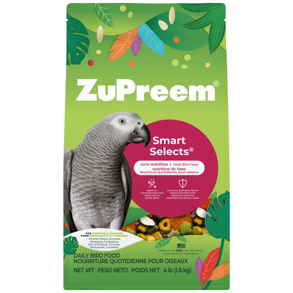 ZuPreem Smart Selects Bird Food for Parrots & Conures - African Greys, Amazons, Eclectus, Small Cockatoos 4lb