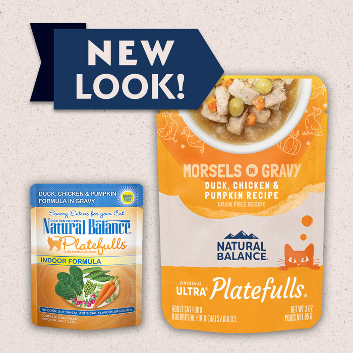 Natural Balance Pet Foods Original Ultra Platefulls Morsels in Gravy Wet Cat Food Pouch Duck, Chicken, & Pumpkin 3oz (Pack of 24)