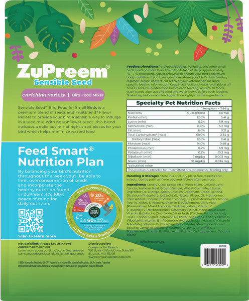 ZuPreem Sensible Seed Bird Food for Small Birds - Parakeets, Parrotlets, Canaries, Finches 2lb