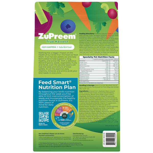ZuPreem Ture Harvest Natural Bird Food for Parrots & Conures - African Greys, Amazons, Cockatoos 3lb