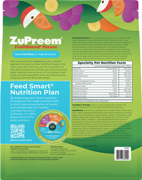 ZuPreem FruitBlend Bird Food Parrots & Conures - African Greys, Conures, Amazons, Cockatoos 2lb