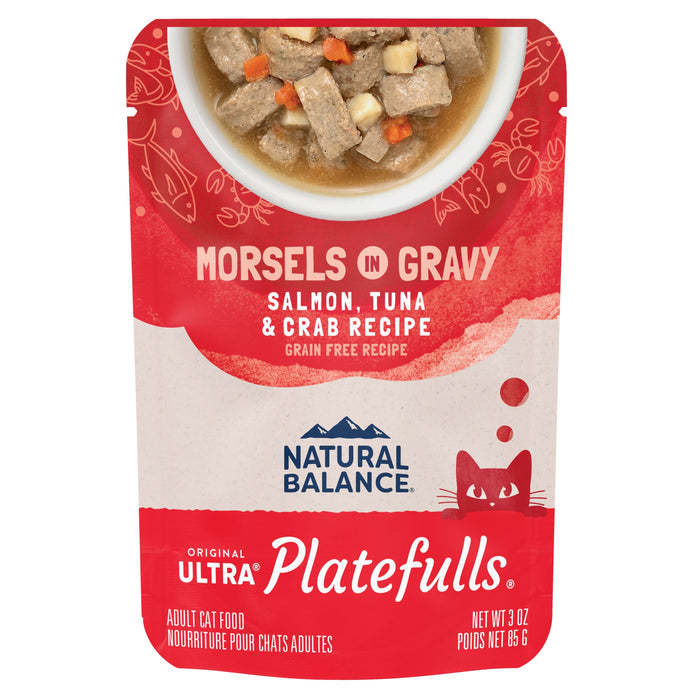 Natural Balance Pet Foods Original Ultra Platefulls Morsels in Gravy Wet Cat Food Pouch Salmon, Tuna, & Crab 3oz
