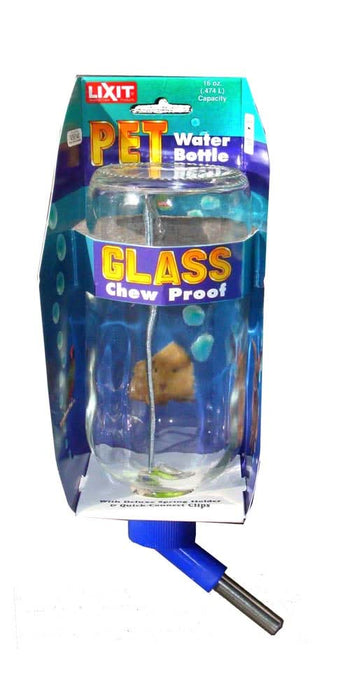 Lixit Glass Water Bottle for Small Animals Clear, Blue 16 Ounces