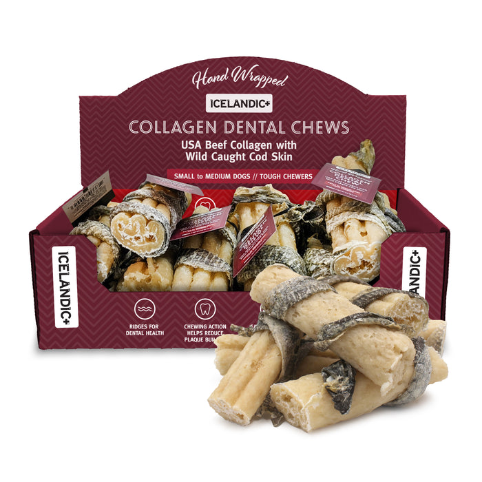 Icelandic+ Beef Collagen Dental Dog Chew w/Wrapped Fish Display 4in 24pc - Image 2