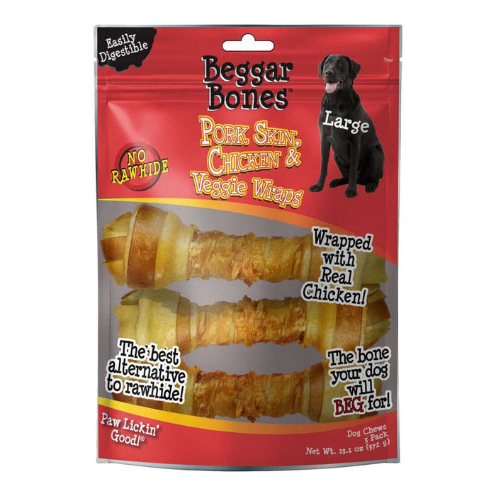 Savory Prime Beggar Bones Pork Skin, Chicken & Veggie Wraps Dog Treats LG 3 pk