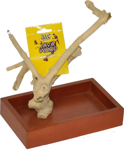 A&E Cage Company Large Java Wood Table Top Play Stand. 28"x18"x27" Base, Tree, and 1 Bowl - 644472000764